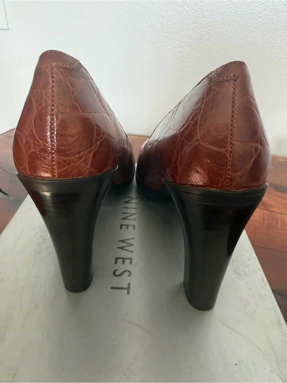Nine West Cognac Croc-Embossed Leather Peep-Toe Pumps